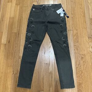 New Seven7 Women's Floral Embroidered Skinny Jeans Dusty Olive Green Size 10